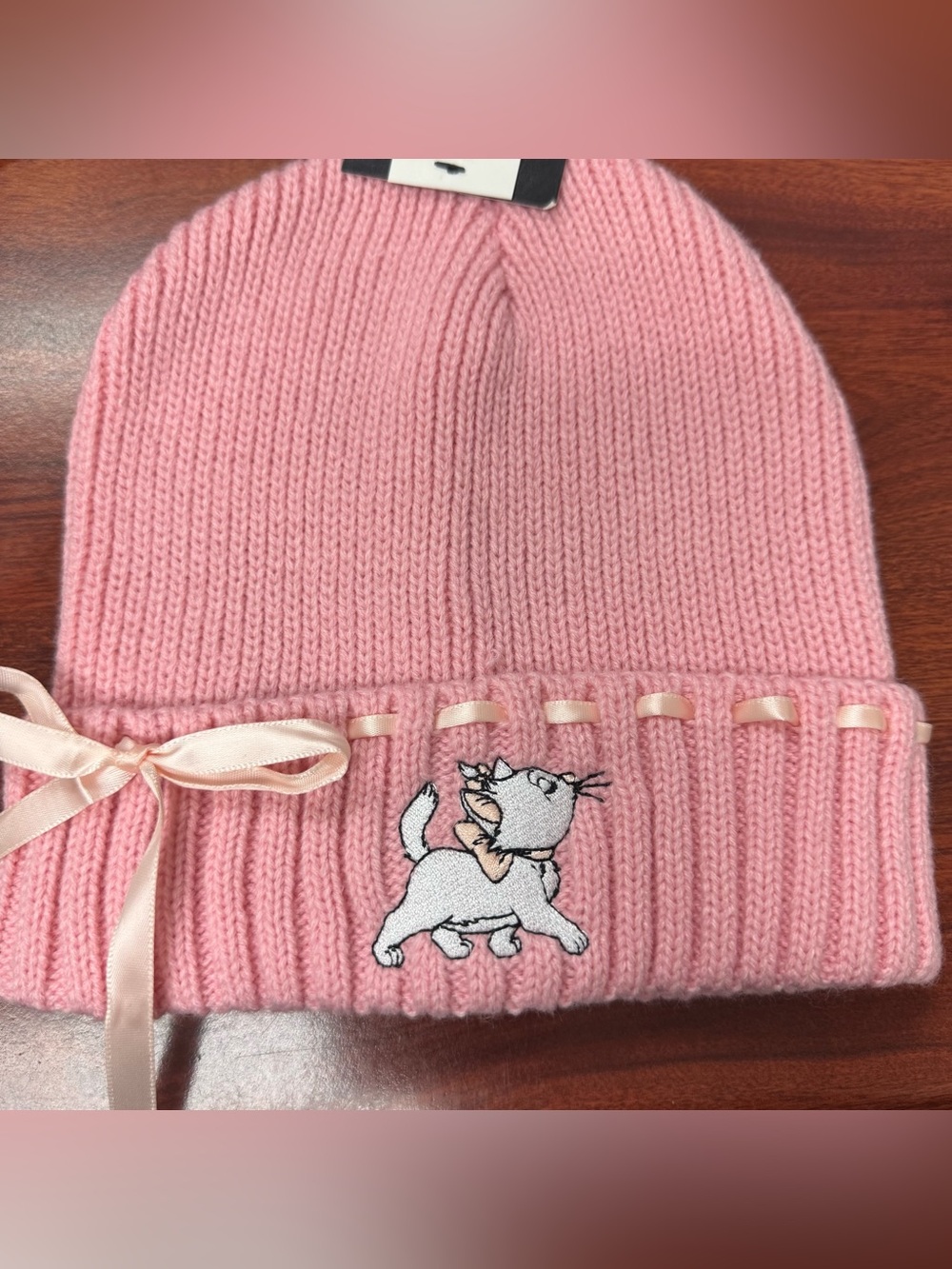 Disney Pink Knit Beanie with Embroidered Kitten and Ribbon Trim